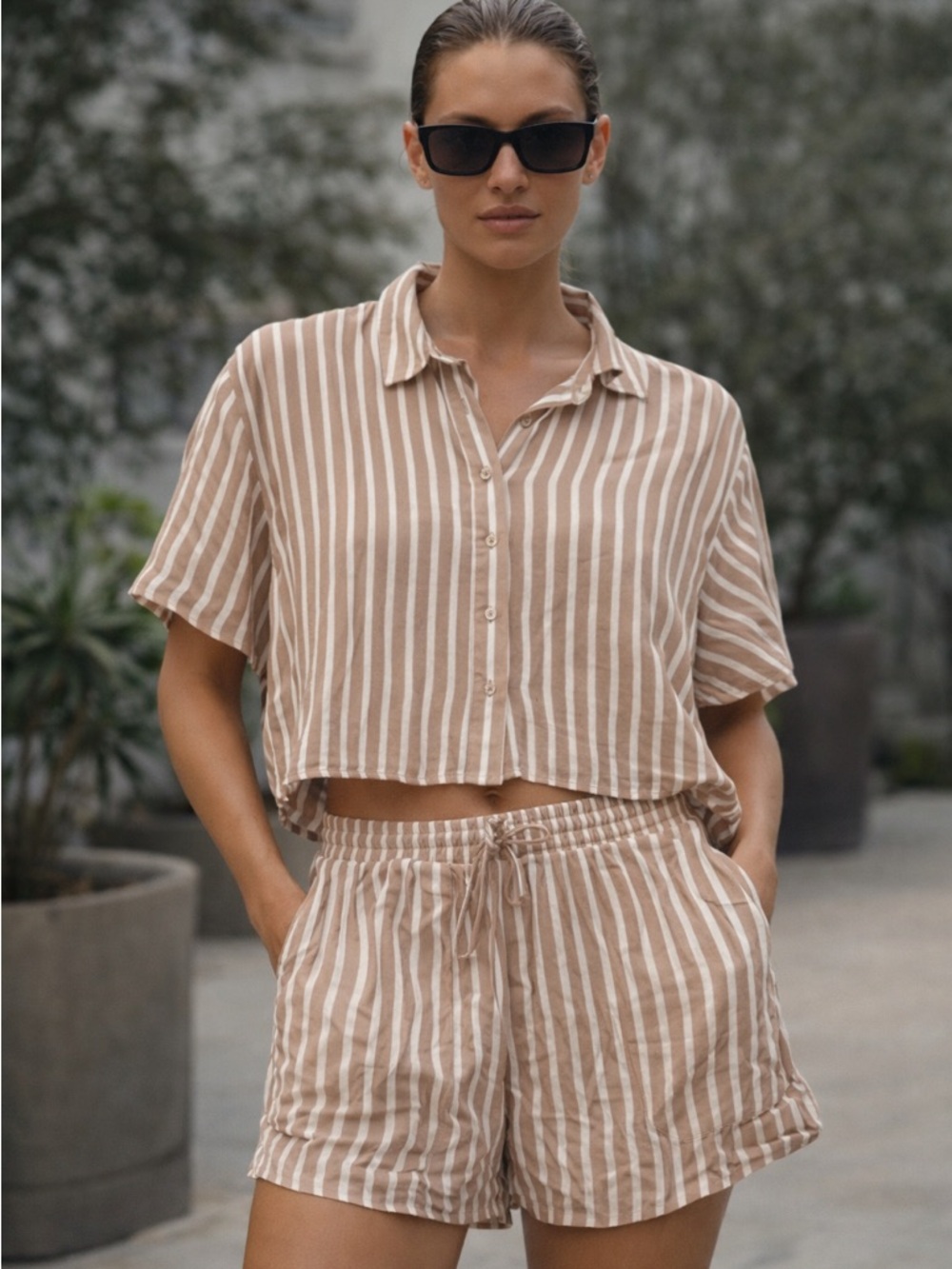 No Boundaries Tan and White Striped Button-Front Shirt & Shorts Set